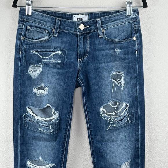 Paige Low Rise Distressed Denim Jimmy Jimmy Skinny Medium Wash Blue Jeans 24 USA - Picture 4 of 12
